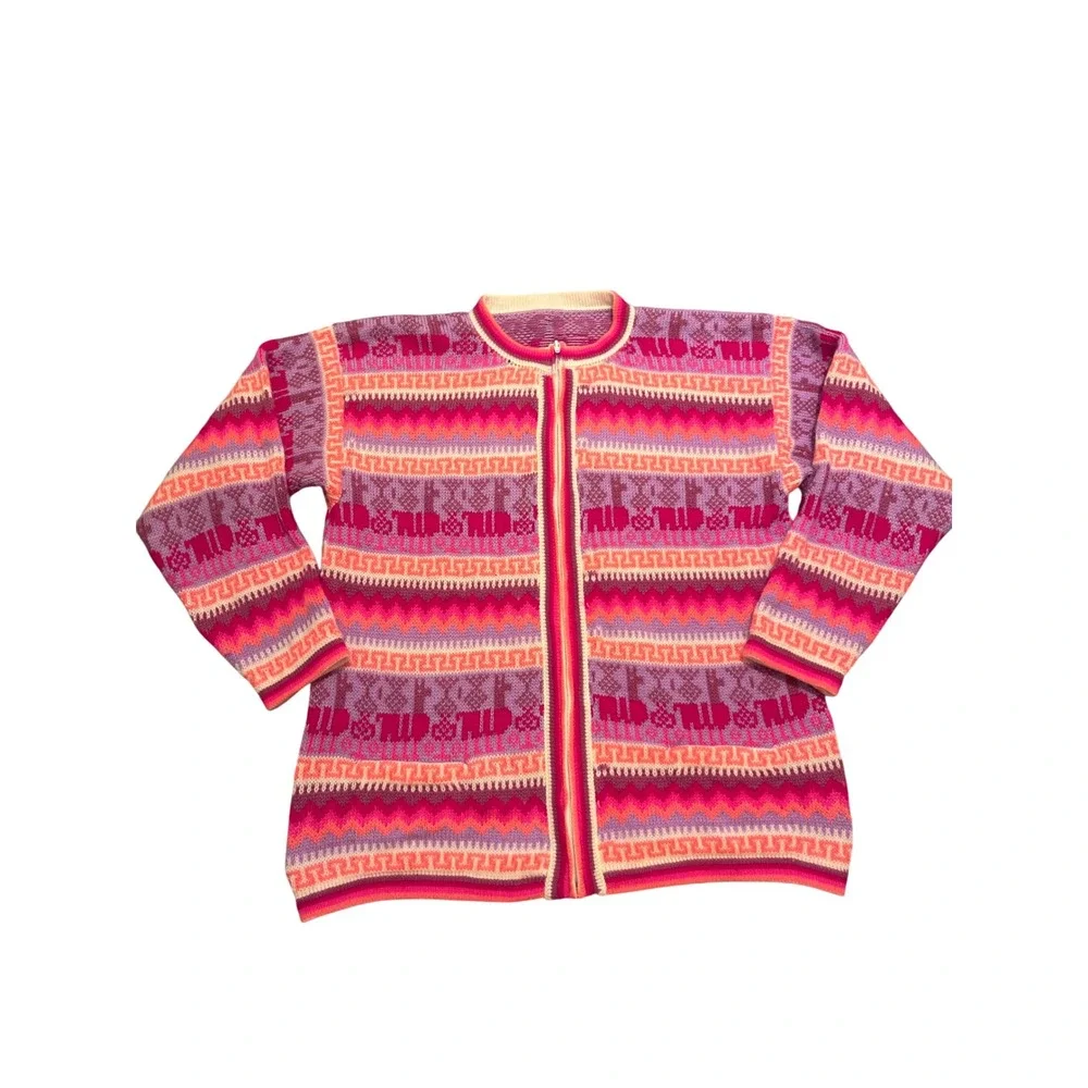 Llama Animal Cardigan Sweater Llama Pattern‎ Pockets Zip Pink Purple/Pink
